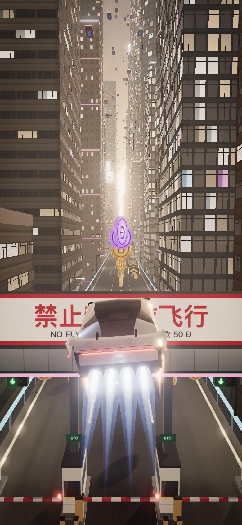 夜晚的赛博朋克城市里，Roadster 翻滚着飞过写着禁止特斯拉飞行的收费站